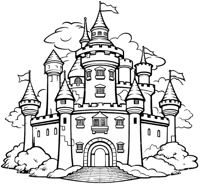 malvorlage-majestaetisches-schloss-mit-tuerme-und-flaggen