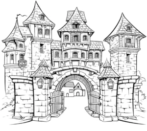 malvorlage-majestaetisches-schloss-mit-tuerme-und-tor