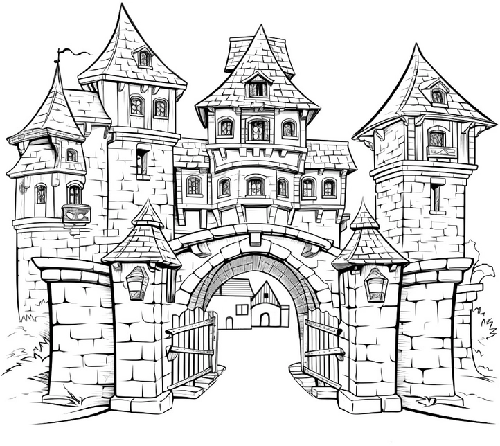 malvorlage-majestaetisches-schloss-mit-tuerme-und-tor
