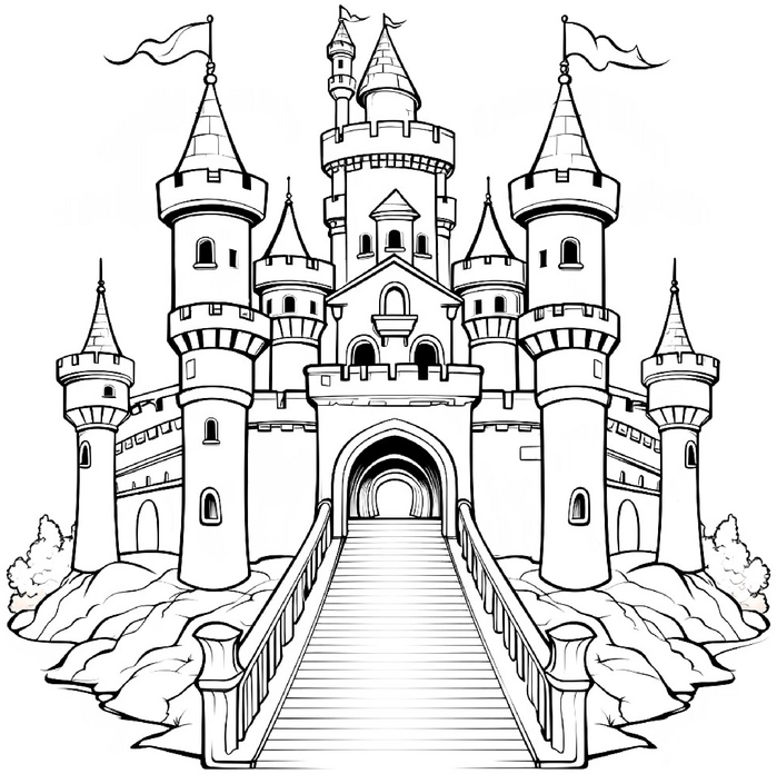 malvorlage-majestetisches-schloss-mit-hohen-tuern-und-bruecke