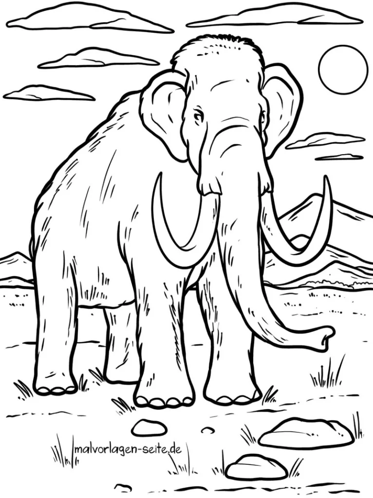 malvorlage-mammut-in-der-natur-mit-bergen-und-sonne
