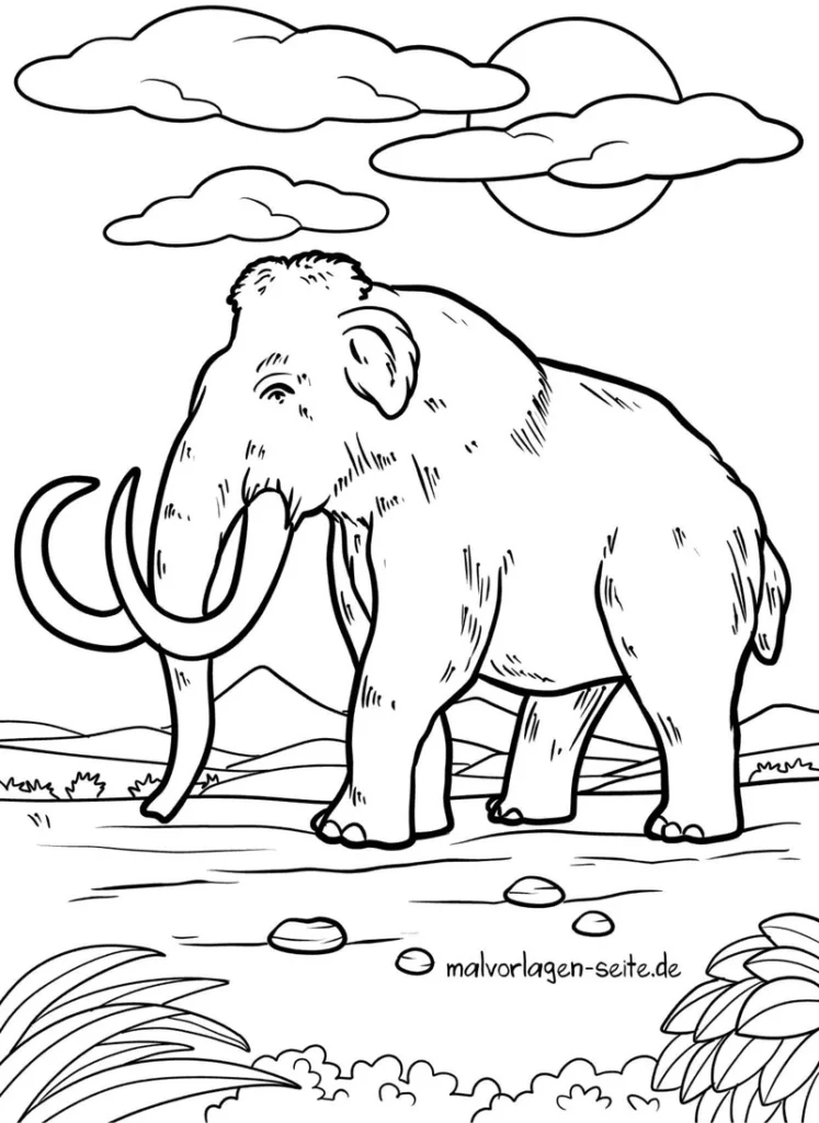 malvorlage-mammut-in- idyllischer-landschaft