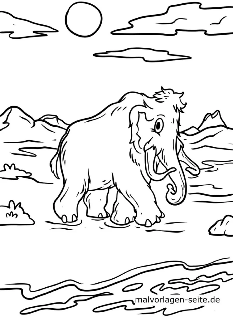 malvorlage-mammut-in-praehistorischer-landschaft