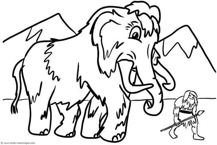 malvorlage-mammut-und-jaeger-in-der-urzeit