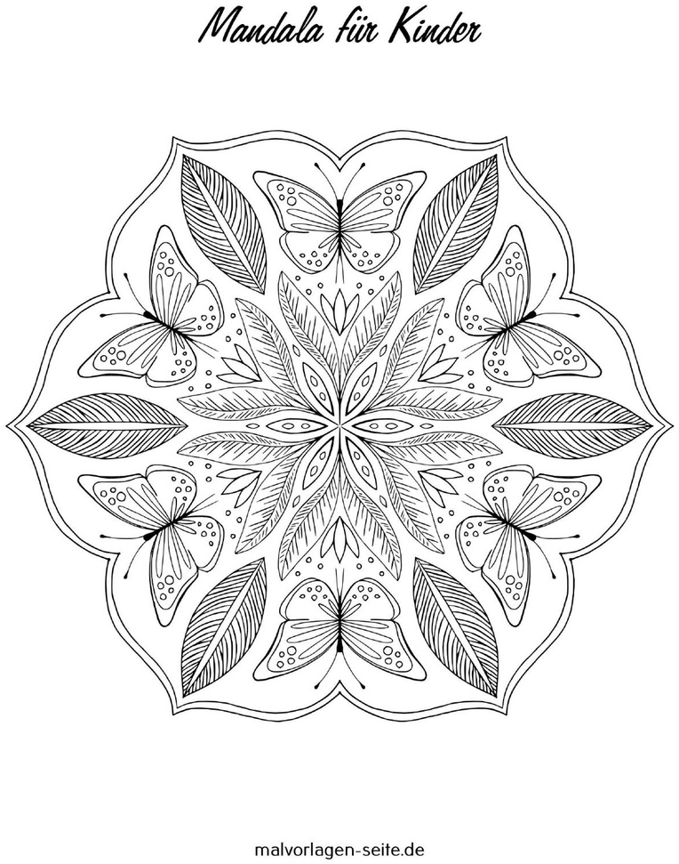 malvorlage-mandala-mit-schmetterlingen-und-blaettern-fuer-kinder
