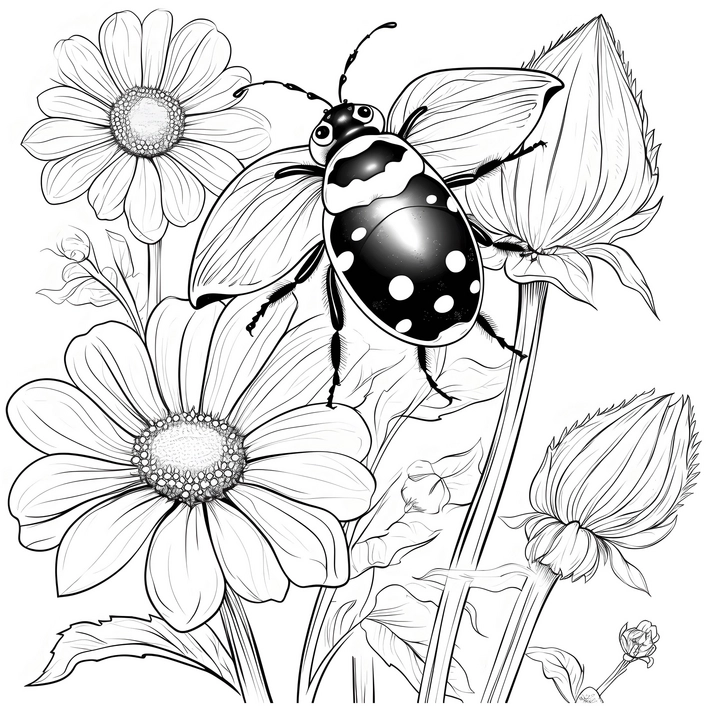 malvorlage-marienkaefer-und-blumen-ausmalbild