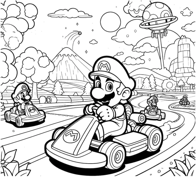 malvorlage-mario-kart-rennfahrer-mit-vulkan-und-ufo