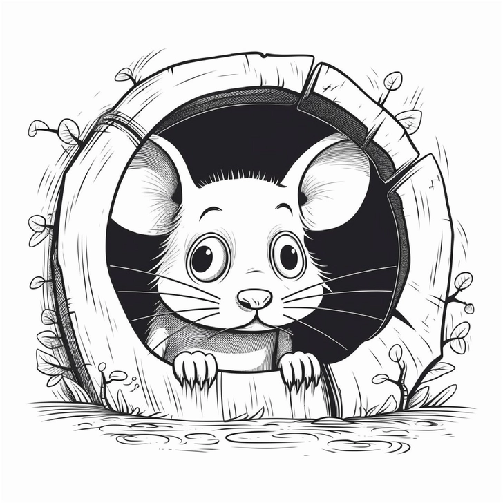 malvorlage-maus-im-baumstamm-mit-pflanzen