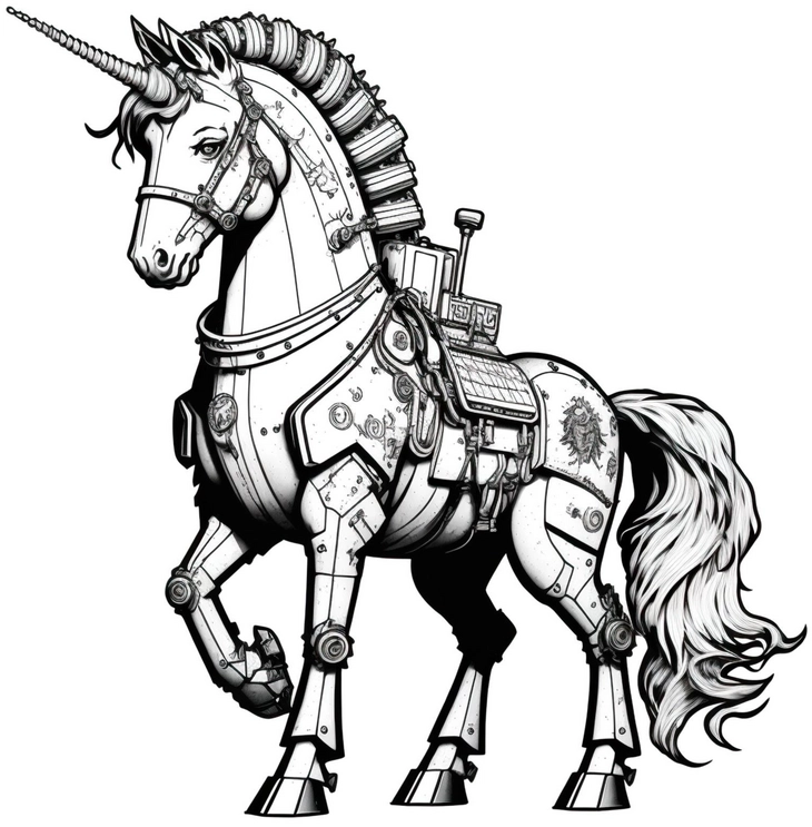 malvorlage-mechanisches-einhorn-futuristische-details