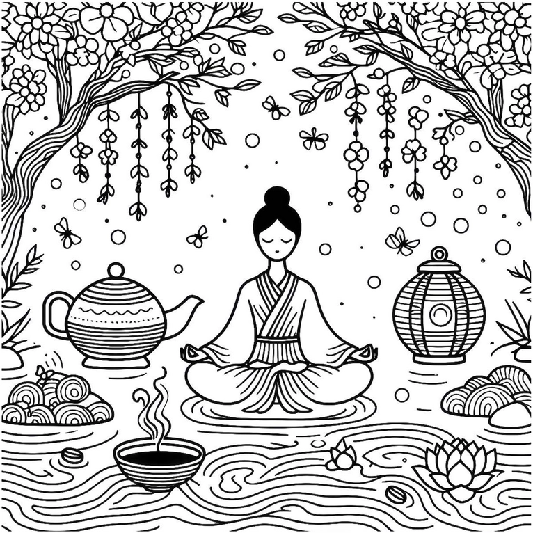 malvorlage-meditierende-figur-in-harmonischer-natur-mit-teekanne