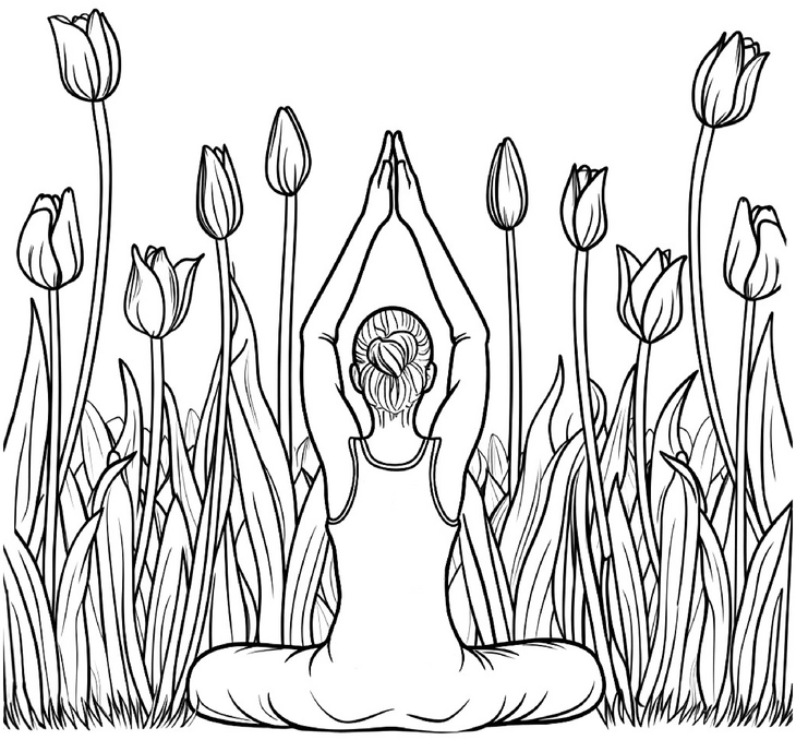 malvorlage-meditierende-person-umgeben-von-tulpen
