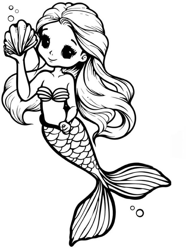 malvorlage-meerjungfrau-mit-muschel-und-wasserblasen