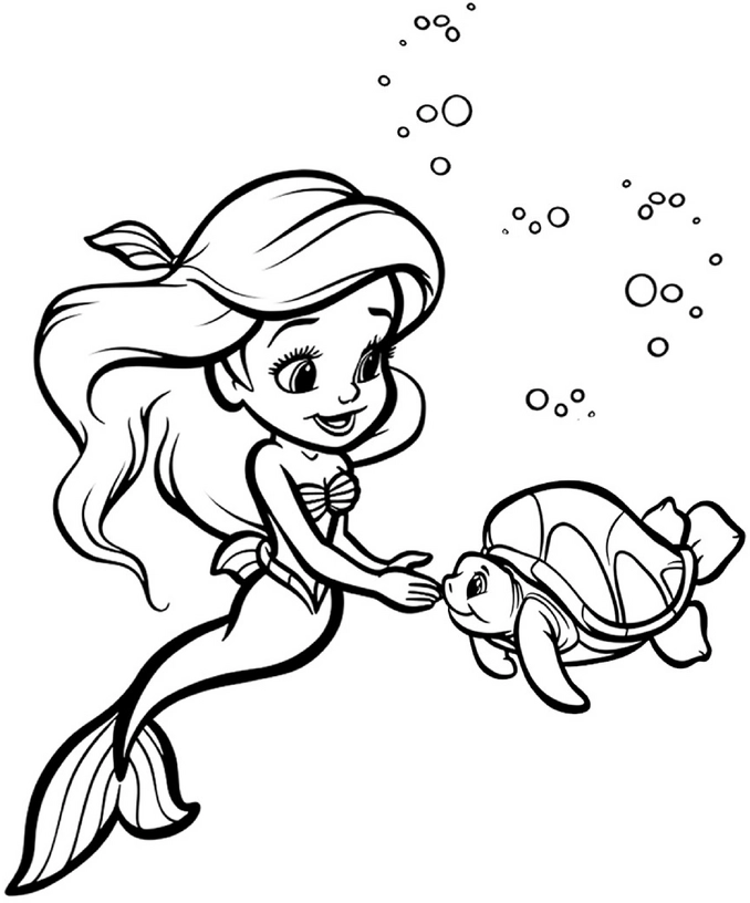 malvorlage-meerjungfrau-mit-schildkroete-unter-wasser