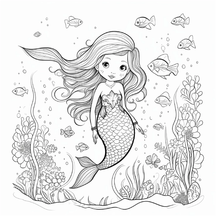 malvorlage-meerjungfrau-und-fische-in-der-unterwasserwelt