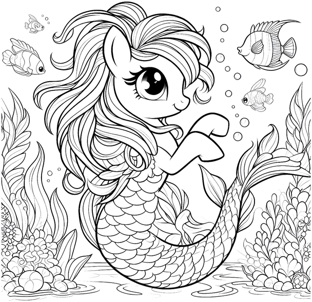 malvorlage-meerjungfrauen-pony-mit-fischen
