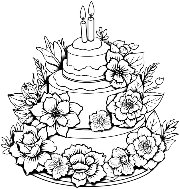 malvorlage-mehrstoeckige-torte-mit-blumen-und-kerzen