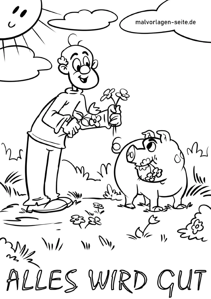 malvorlage-mensch-und-schwein-in-blumenwiese