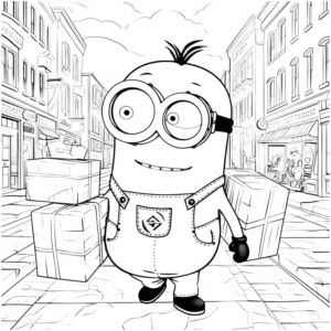malvorlage-minion-in-der-stadt-mit-paketen