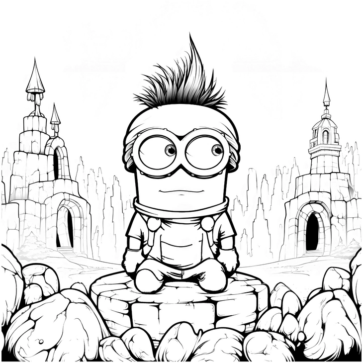 malvorlage-minion-in-fantasiewelt-vor-burgen