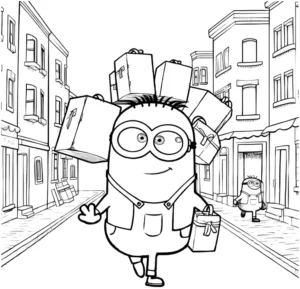 malvorlage-minion-mit-geschenken-und-koffern-in-einer-stadt