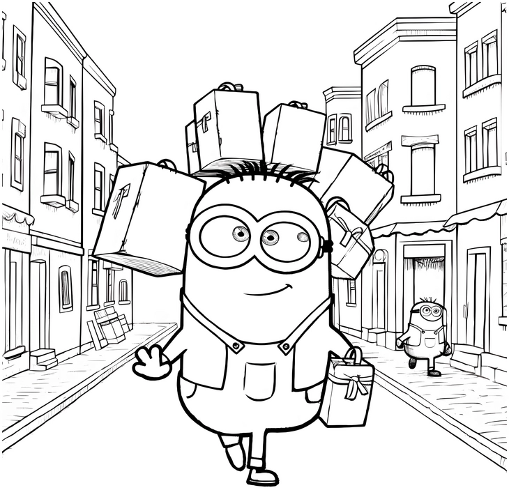 malvorlage-minion-mit-geschenken-und-koffern-in-einer-stadt