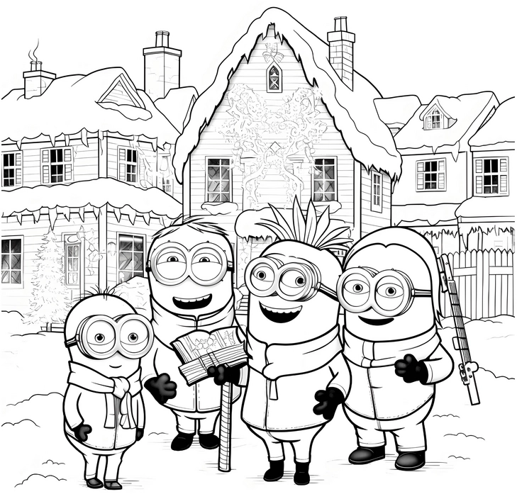 malvorlage-minions-im-winter-mit-verschneiter-landschaft