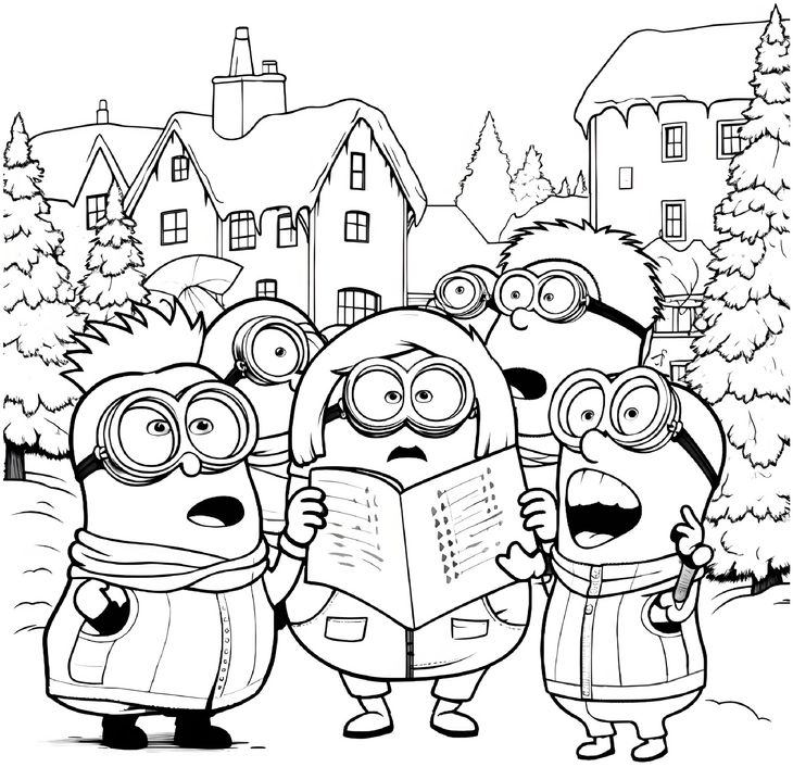 malvorlage-minions-in-winterlicher-szene-mit-weihnachtsatmosphaere
