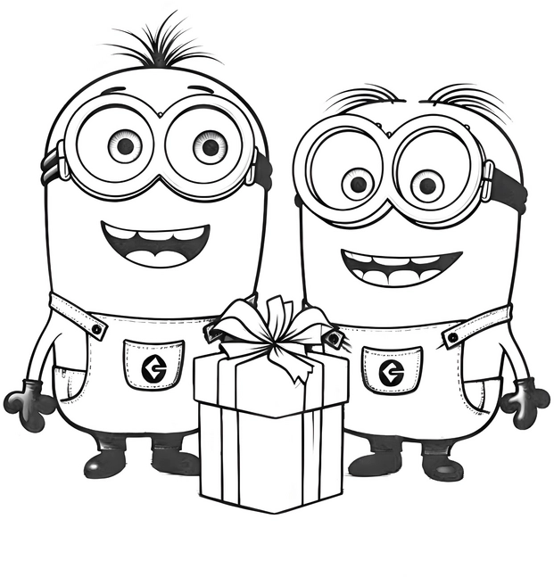 malvorlage-minions-mit-geschenk-fuer-kinder