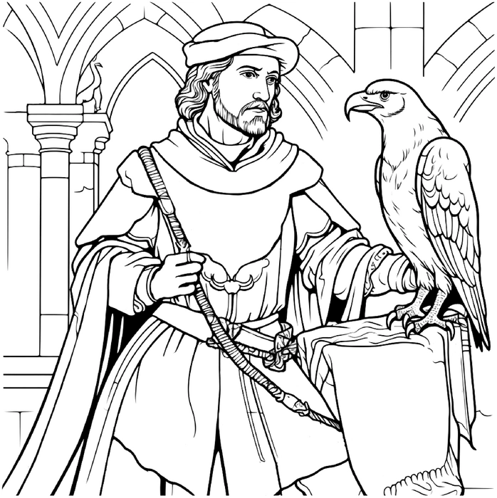 malvorlage-mittelalterlicher-falkenwaechter-mit-vogel