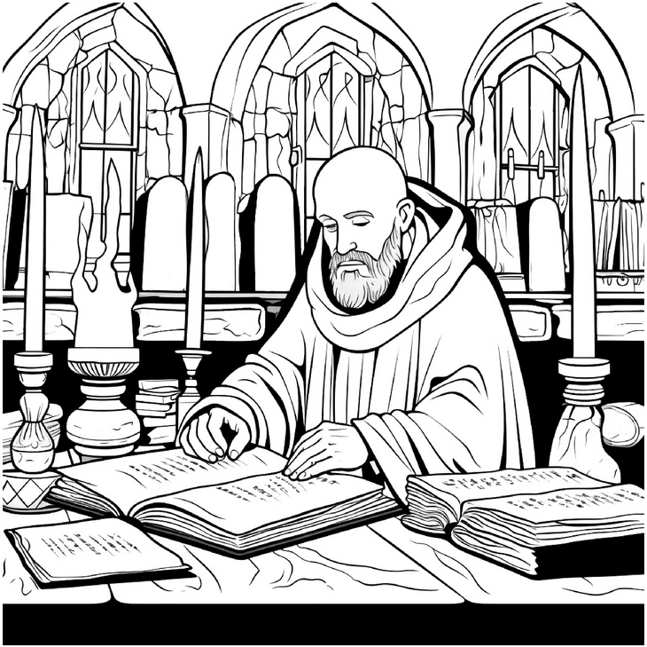 malvorlage-mittelalterlicher-moenche-mit-buechern