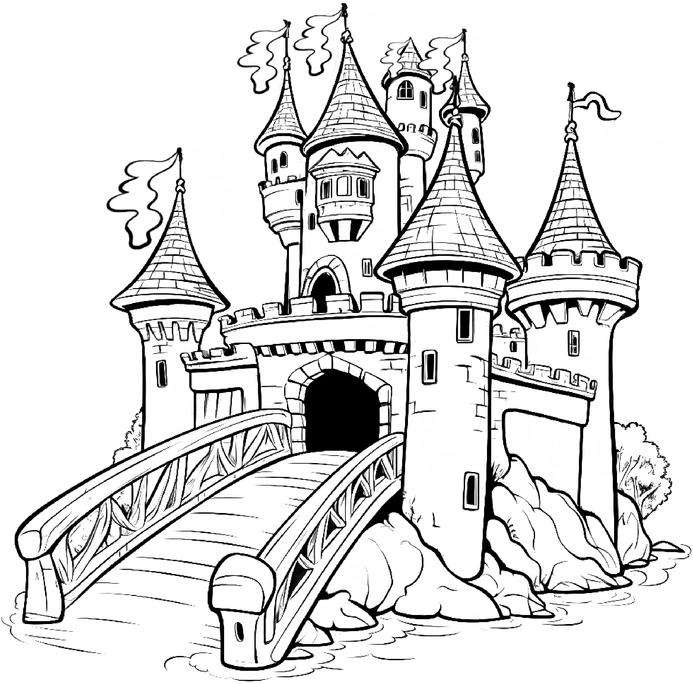 malvorlage-mittelalterliches-schloss-mit-bruecke-und-tuermen