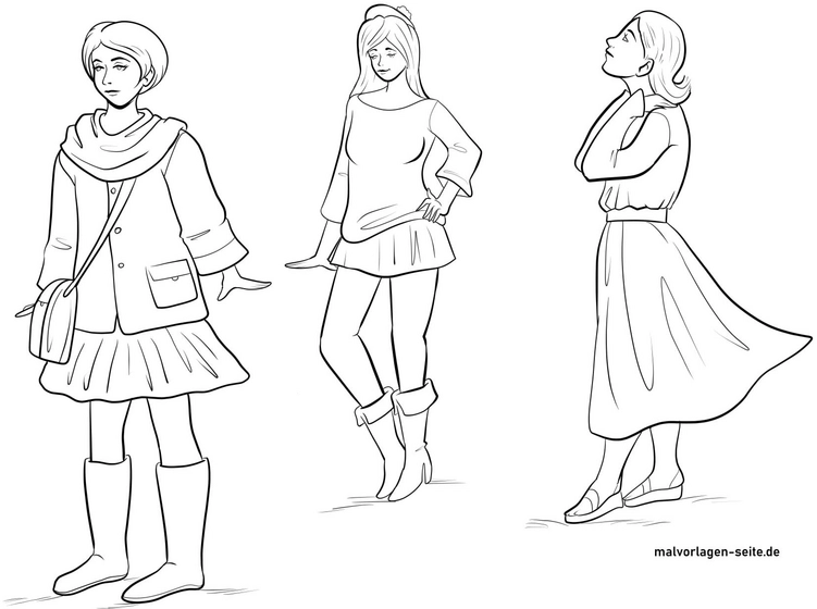 malvorlage-modische-frauen-in-verschiedenen-outfits