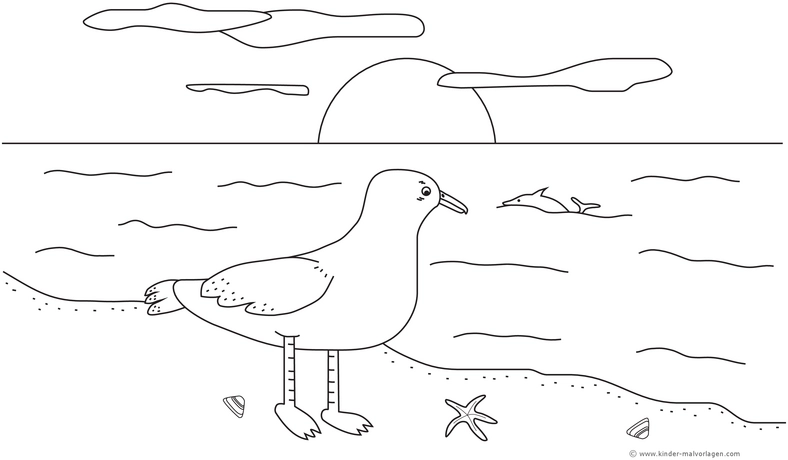 malvorlage-moewe-am-strand-mit-sonnenuntergang-und-delfin
