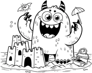 malvorlage-monster-am-strand-mit-sandburg-und-fledermaus