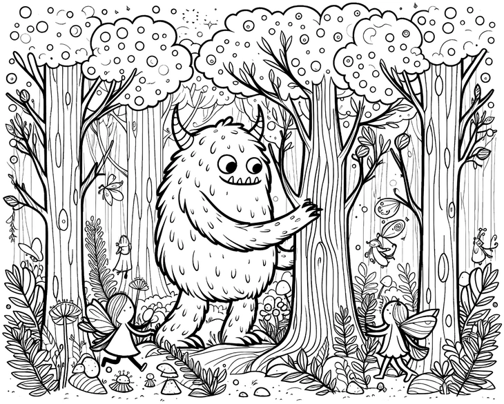 malvorlage-monster-im-wald-mit-feen-und-pflanzen