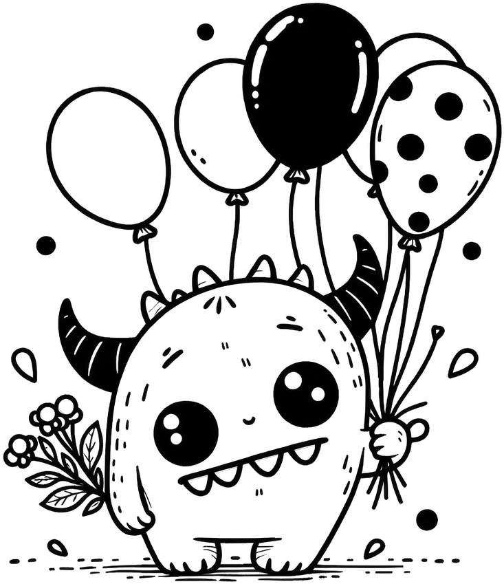 malvorlage-monster-mit-luftballons-und-blumen