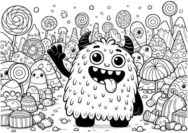 malvorlage-monster-zwischen-suessigkeiten