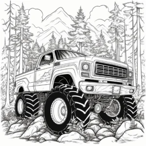 malvorlage-monstertruck-im-wald-unterwegs