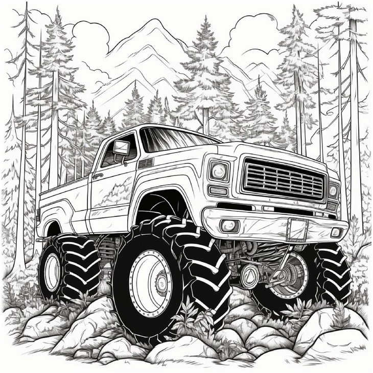 malvorlage-monstertruck-im-wald-unterwegs