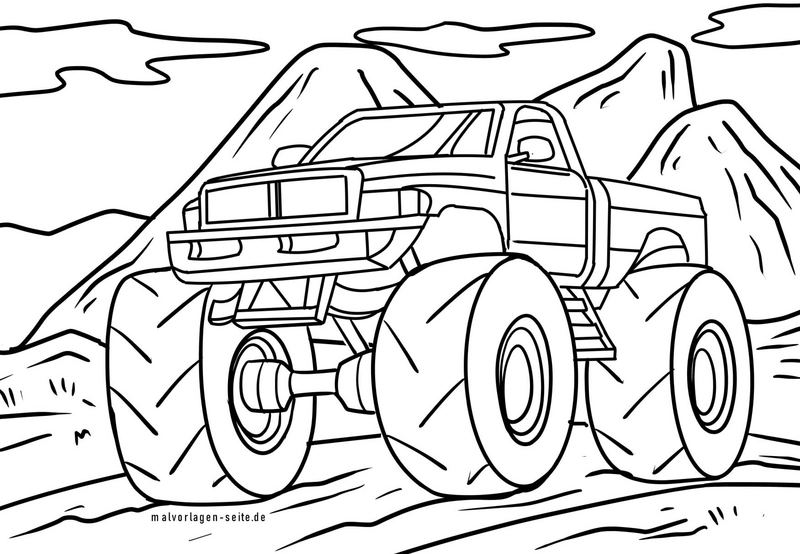 malvorlage-monstertruck-in-berglandschaft
