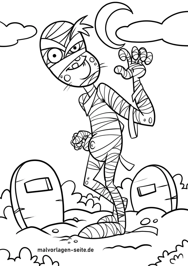 malvorlage-mumie-mit-grabsteinen-und-mond