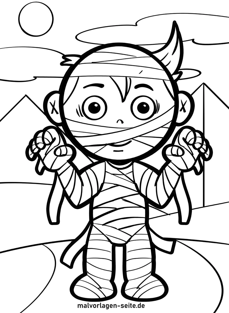 malvorlage-mumien-junge-in-fantasievoller-landschaft