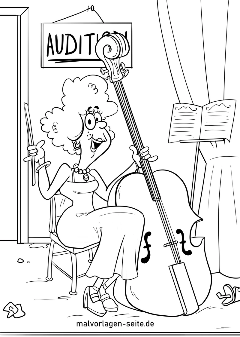 malvorlage-musikerin-mit-kontrabass