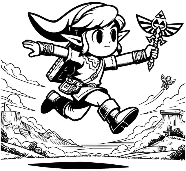 malvorlage-mutiger-abenteurer-in-fantastischer-landschaft