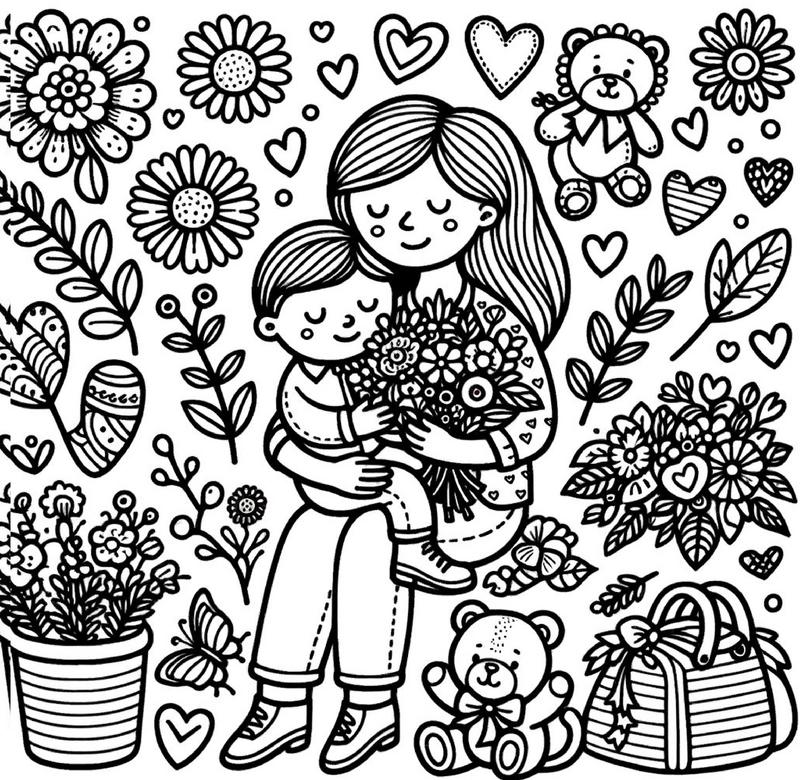 malvorlage-mutter-kind-blumen-herzen