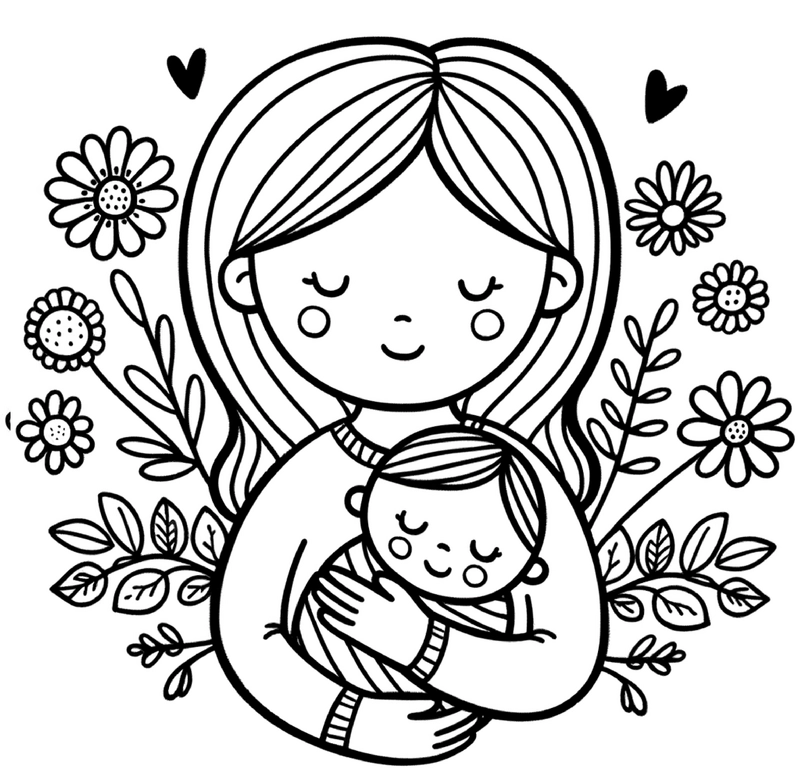 malvorlage-mutter-mit-baby-und-blumen