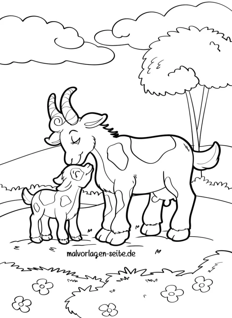 malvorlage-mutterziege-und-kitz-auf-der-wiese