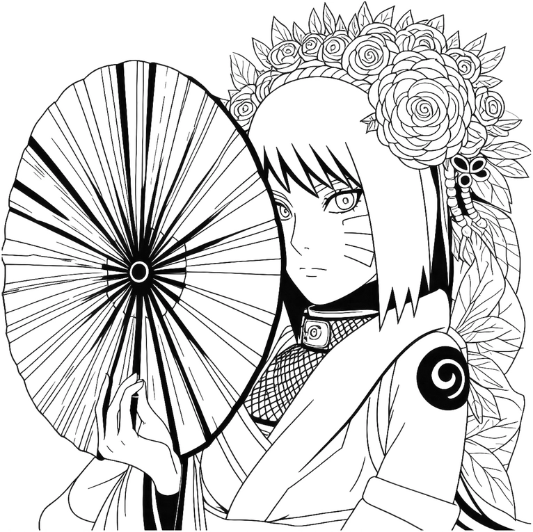 malvorlage-mystische-figur-mit-faechern-und-blumen