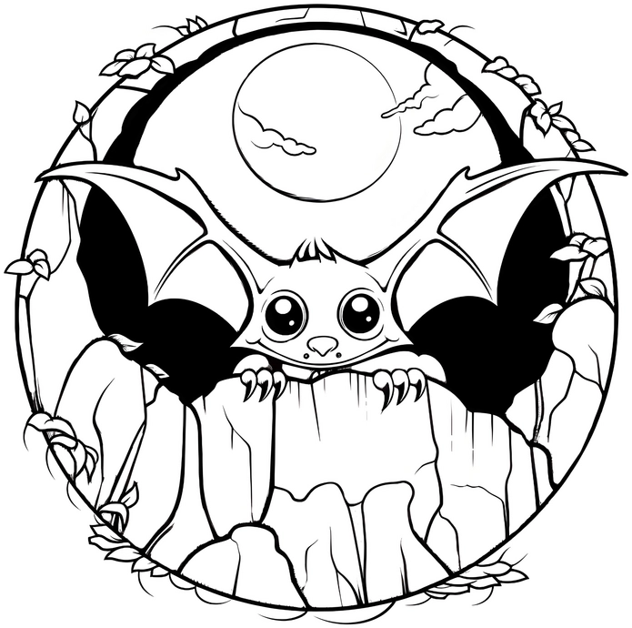 malvorlage-nachtfledermaus-mit-mond-und-felsen