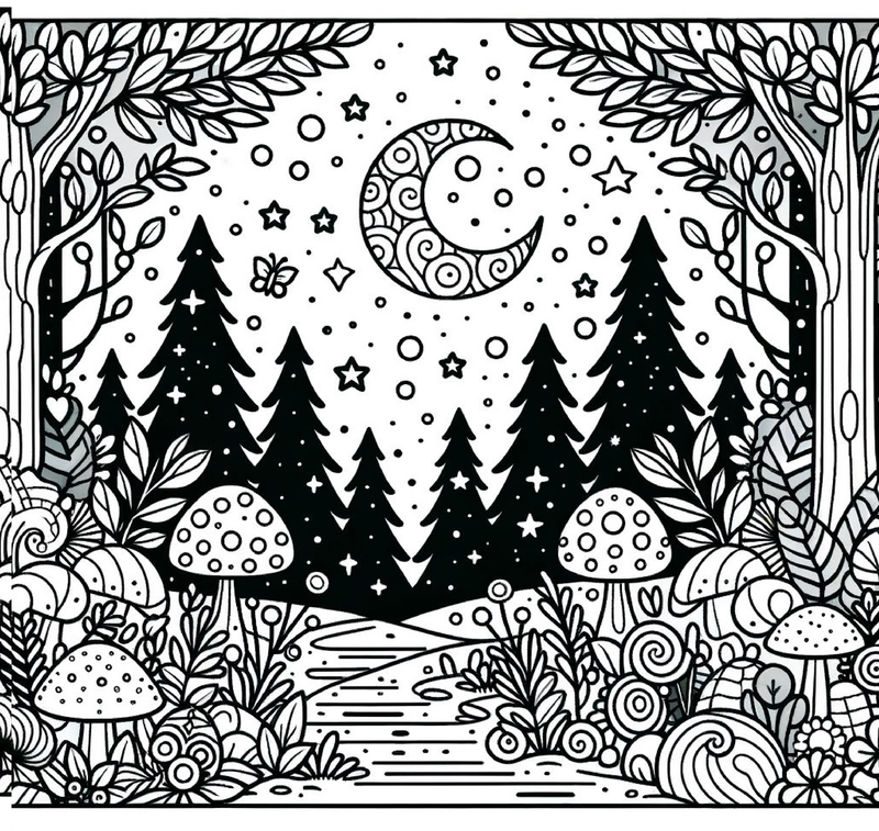 malvorlage-nadelbaeume-mond-und-wald